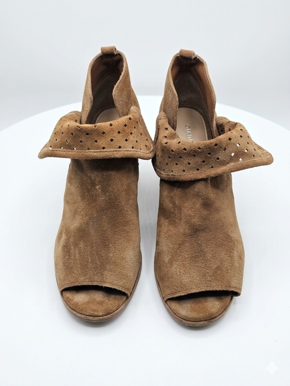 Gianni Bini Suede Peep-Toe Fold-Over Mules - Tan